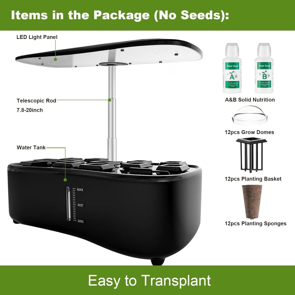 Indoor Garden Hydroponics Growing System: 12 Pods Plant Germination Kit with LED Full-Spectrum Plant Grow Light, Auto Timer, Height Adjustable Indoor Herb Garden, Large Tank Herb Garden Planter Indoor