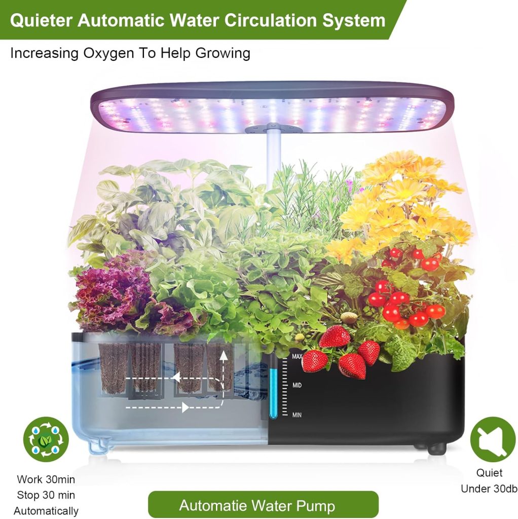 Indoor Garden Hydroponics Growing System: 12 Pods Plant Germination Kit with LED Full-Spectrum Plant Grow Light, Auto Timer, Height Adjustable Indoor Herb Garden, Large Tank Herb Garden Planter Indoor