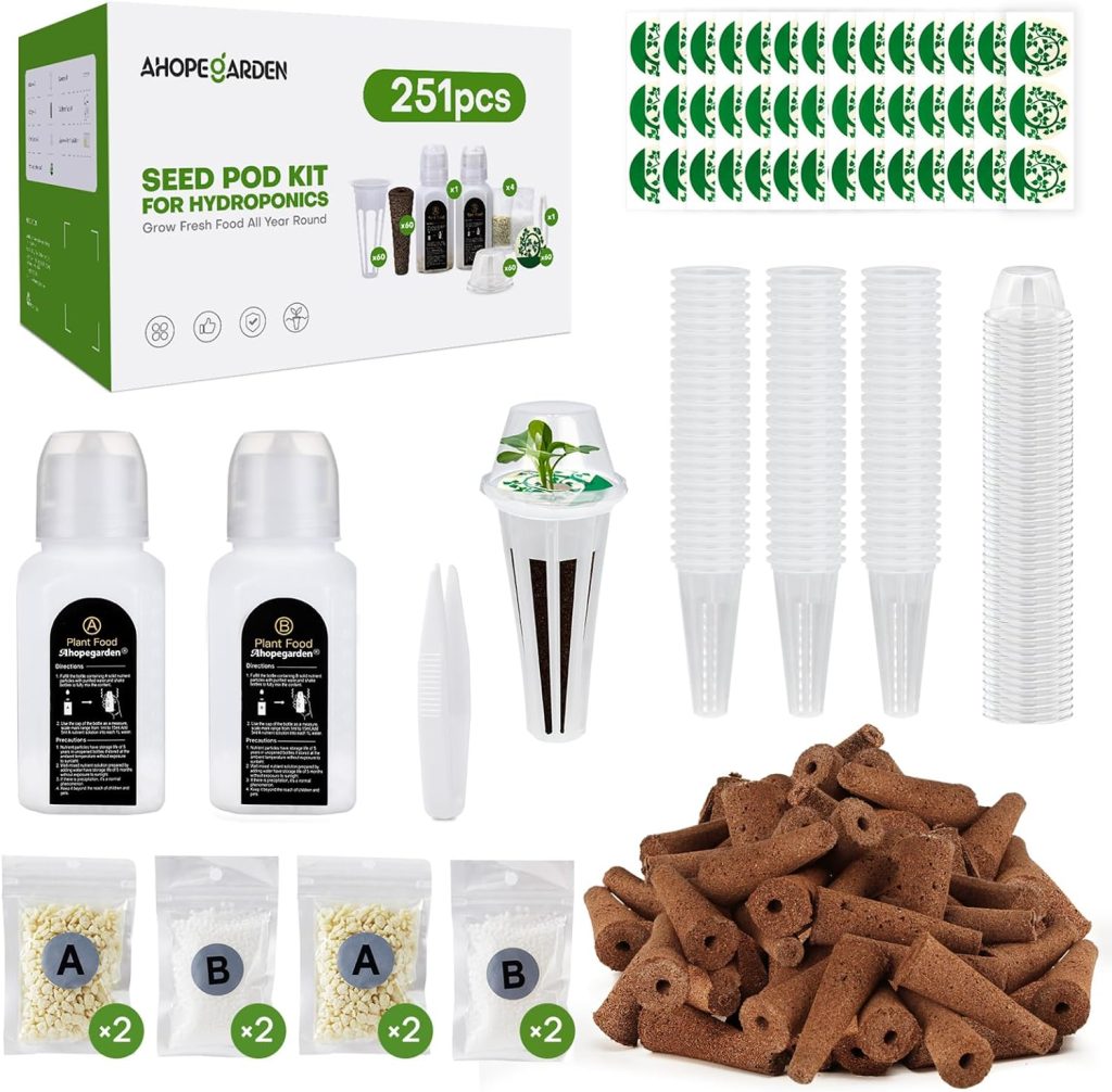 251pcs Seed Pod Kit for Hydroponics Growing System - Grow Anything Kit with 60 Grow sponges, 60 Grow Baskets, 60 Covers, 60 Pod Labels, 10 AB Plant Food, 1tweezers - Compatible with All Brands