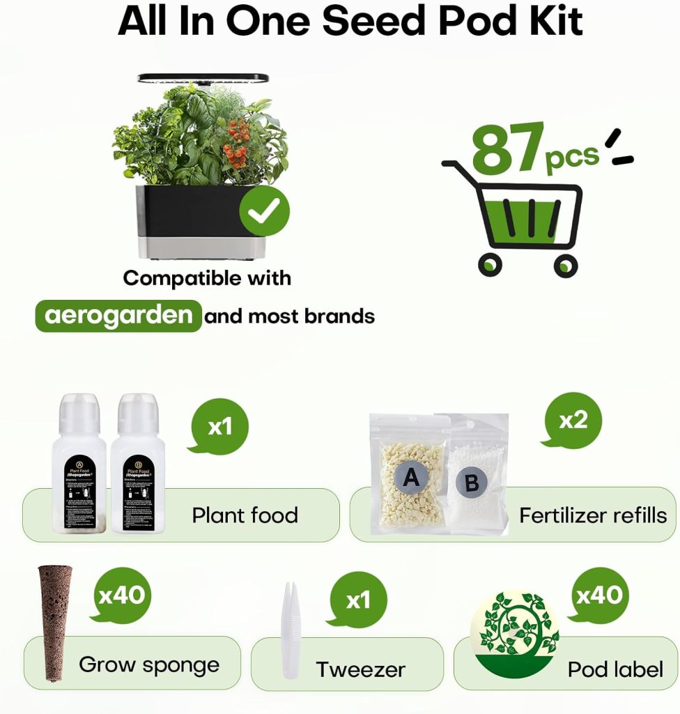 251pcs Seed Pod Kit for Hydroponics Growing System - Grow Anything Kit with 60 Grow sponges, 60 Grow Baskets, 60 Covers, 60 Pod Labels, 10 AB Plant Food, 1tweezers - Compatible with All Brands