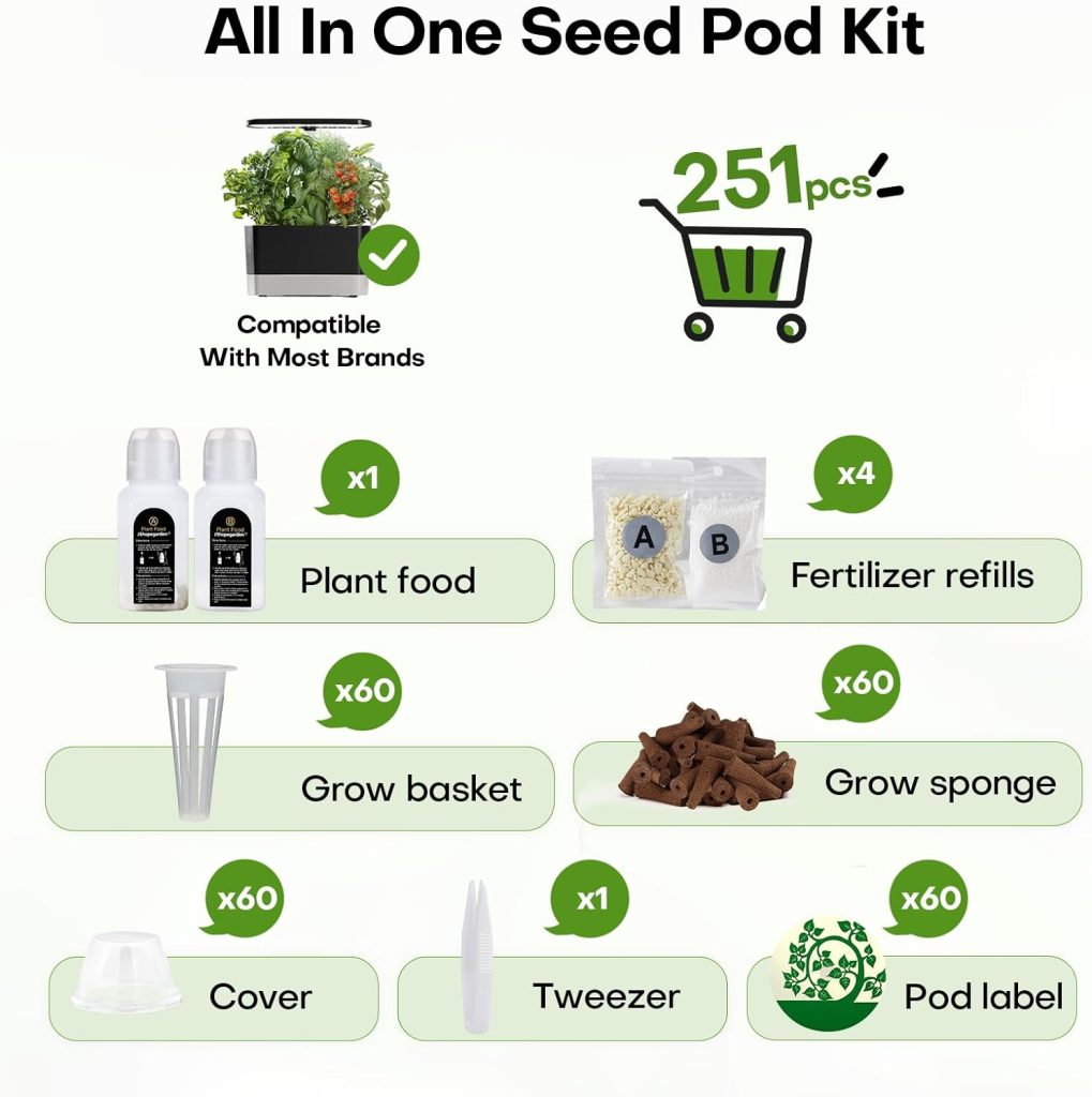 251pcs Seed Pod Kit for Hydroponics Growing System - Grow Anything Kit with 60 Grow sponges, 60 Grow Baskets, 60 Covers, 60 Pod Labels, 10 AB Plant Food, 1tweezers - Compatible with All Brands