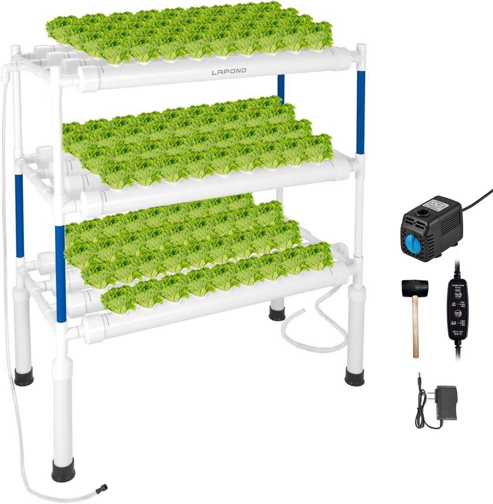 LAPOND Upgraded Hydroponics Growing System 108 Plant Sites,3 Layers Food-Grade PVC-U Pipes Hydroponic Grow Kit Gardening System with Water Pump, Pump Timer,Hammer,Hook for Fruit Vegetables