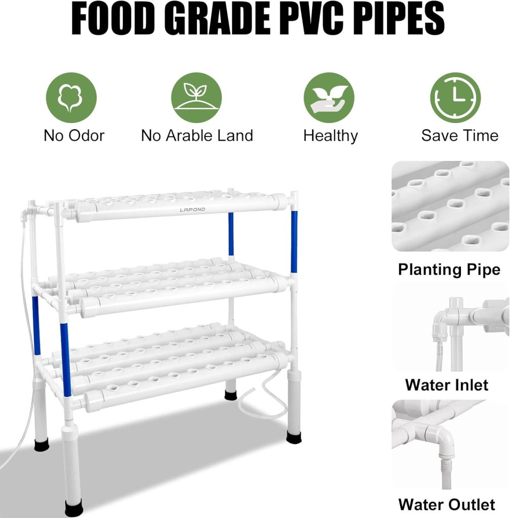 LAPOND Upgraded Hydroponics Growing System 108 Plant Sites,3 Layers Food-Grade PVC-U Pipes Hydroponic Grow Kit Gardening System with Water Pump, Pump Timer,Hammer,Hook for Fruit Vegetables