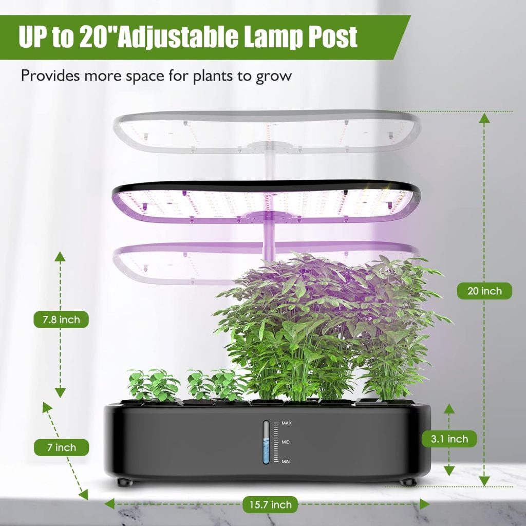 Large Tank Hydroponics Growing System 12 Pods, Herb Garden Kit Indoor with Grow Lights, Plants Germination Kit with Quiet Water Pump, Auto Timer, Height Adjustable to 20, Gardening Gifts Home Decor